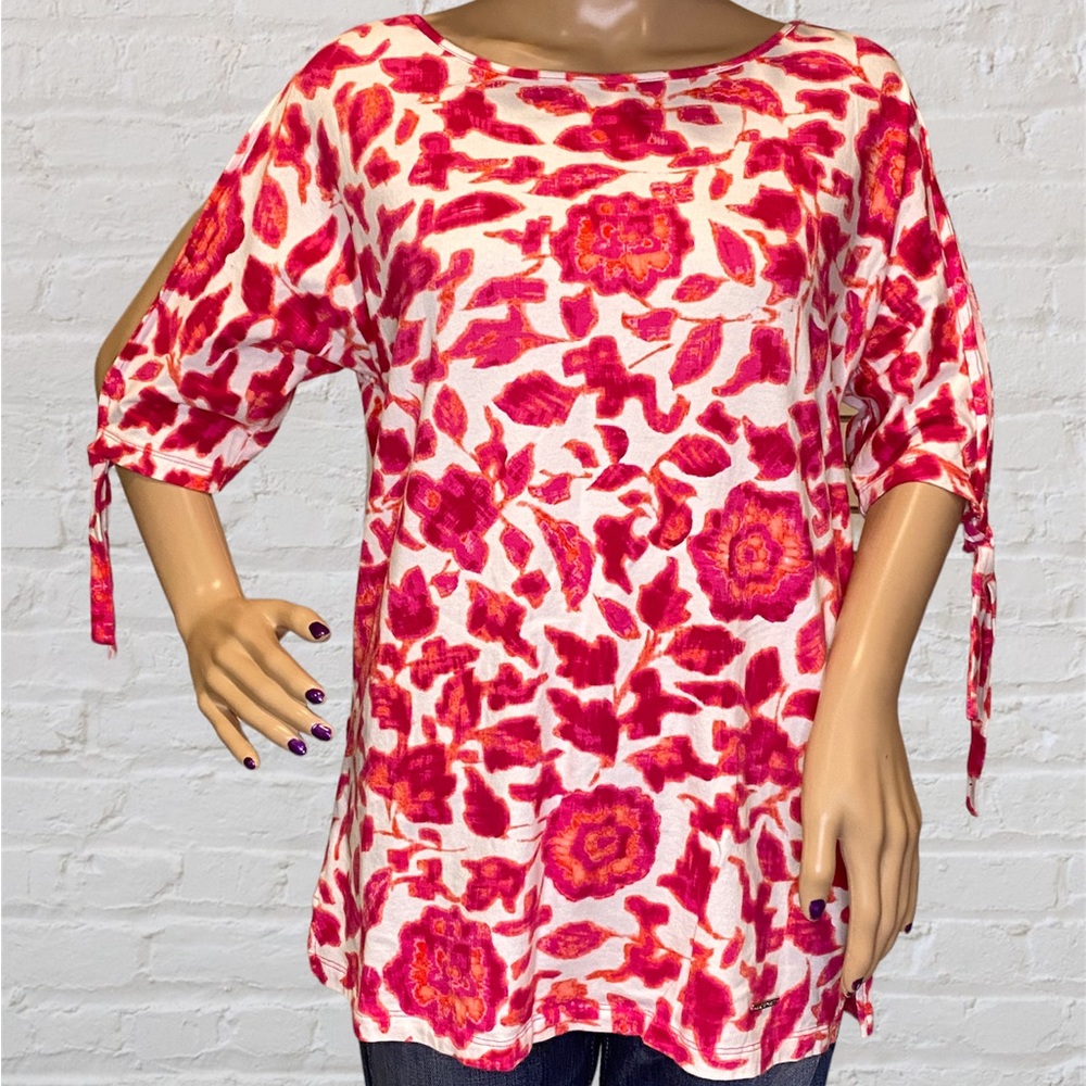 Anne Klein Sport Open Sleeves CrewNeck Magenta White Top Tee Shirt Sz Medium EUC